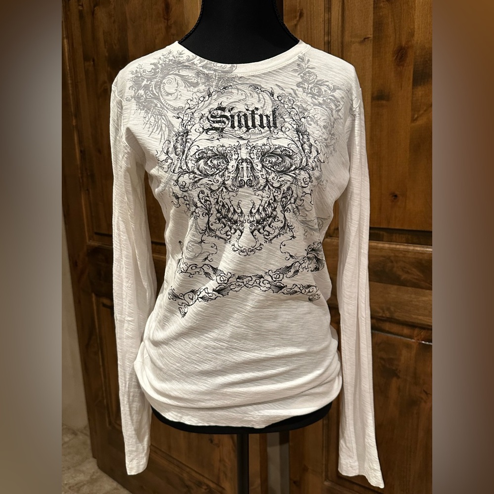 Sinful White and Black Graphic Long Sleeve Tee